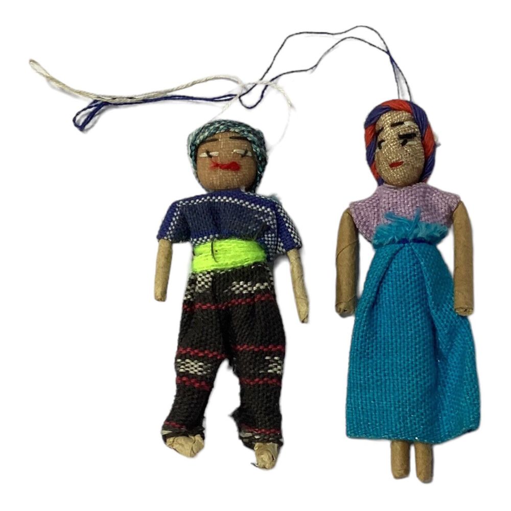 Pair Mexican 3” Folk Art Worry Dolls Ornaments